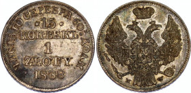 Russia - Poland 1 Zloty / 15 Kopeks 1838 MW
Bit# 1171; Silver 2.97 g.; XF-.