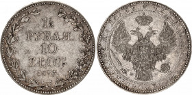 Russia - Poland 1-1/2 Rouble / 10 Zlotych 1835 MW R
Bit# 1131; 2,25 R by Petrov; Conros# 471/4; Silver 31.17 g.; XF.