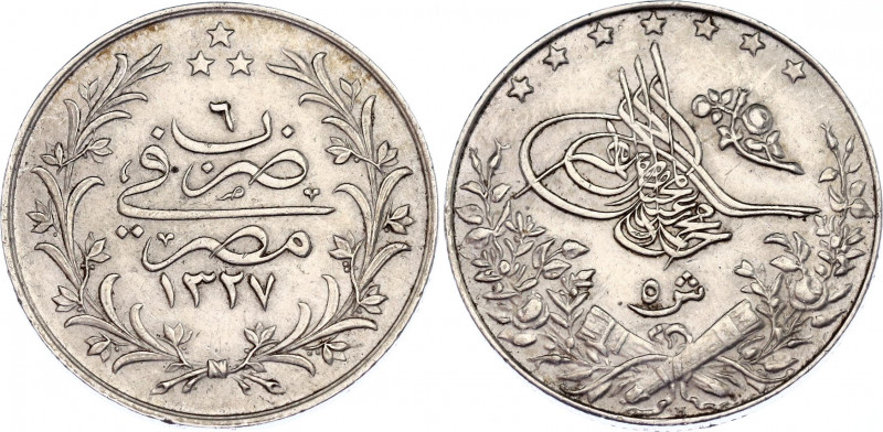 Egypt 5 Qirsh 1913 AH 1327/6 H
KM# 308; Schön# 21; N# 5849; Silver; Mehmed V; M...