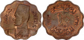 Egypt 10 Milliemes 1943 AH 1362
KM# 361; Schön# 79; Bronze; Farouk I; Mint: London; UNC.