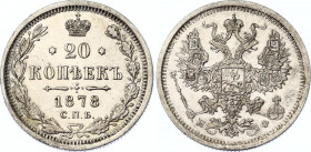Russia 20 Kopeks 1878 СПБ НФ
Bit# 231; Silver 3.58 g.; AUNC with hairlines.