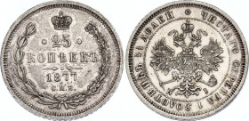 Russia 25 Kopeks 1877 СПБ НI
Bit# 154; Conros# 138/30; Silver 5.17 g.; XF-AUNC.
