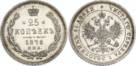 Russia 25 Kopeks 1878 СПБ HФ
Bit# 156; Conros# 138/33; Silver 5,06g.; Alexander II; UNC.