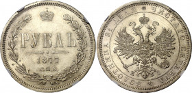 Russia 1 Rouble 1877 СПБ HI NGC MS 61
Bit# 90; 1,5 R by Petrov; Conros# 80/21; Silver; UNC.