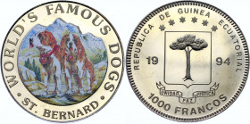 Equatorial Guinea 1000 Francs 1994 
KM# 91; N# 190642; Nickel brass., Proof; Colour; World Famous Dogs - St.Bernard.