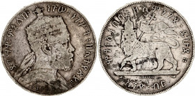 Ethiopia 1 Birr 1887 EE 1895 A
KM# 5; Schön# 6; N# 22984; Silver; Menelik II; Mint: Paris; VF-.