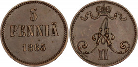Russia - Finland 5 Pennia 1865 
Bit# 657; Copper 6.26 g.; XF.
