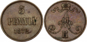 Russia - Finland 5 Pennia 1872 
Bit# 661; Copper 6.35 g.; XF.