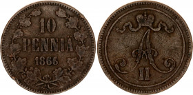 Russia - Finland 10 Pennia 1866
Bit# 652, N# 17088; Copper; Alexander II; VF.