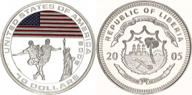 Liberia 10 Dollars 2005 
KM# UC360, N# 229453; Silver plated Copper., Proof; Colour; Football World Cup 2006 - USA; With minor hairlines.