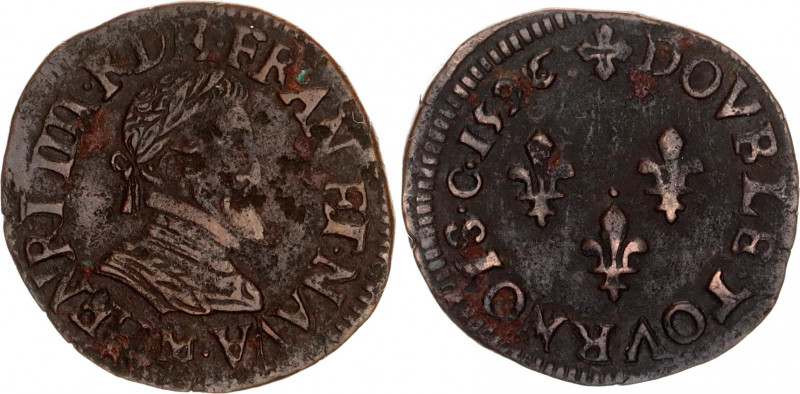 France Double Tournois 1596 M
Dy# 1273; Copper; Henry IV; Mint: Toulouse; F-VF.