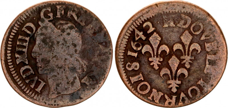 France Double Tournois 1642
CGKL# 550; N# 53040; Copper; Louis XIII; 14th Type;...