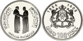 Morocco 100 Dirhams 1986 AH 1406 with Original Case
Y# 80; Silver; Visit of Pope John Paul II; Mintage 2'000; Proof.