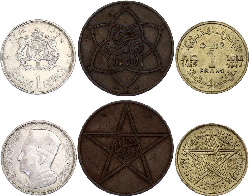 Morocco Lot of 3 Coins 1940 - 1960 AH 1340 - 1380
With Silver; Various Dates & ...