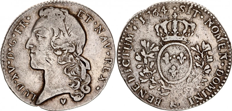 France 1/5 Ecu 1764 Overstrike
Dy# 1682; N# 27842; Silver 5.91 g.; Louis XV; XF...