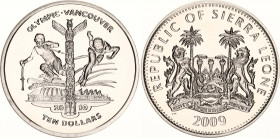 Sierra Leone 10 Dollars 2009 
KM# 363; N# 173366; Silver., Proof; Olympiad 2010; Totem Pole, Skier & Skater; With minor hairlines.