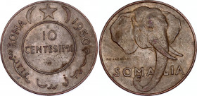 Somalia 10 Centesimi 1950 AH 1369
KM# 3; Schön# 3; N# 12615; Copper; U.N. Trusteeship under Italy; Mint: Rome; AUNC.