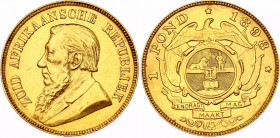South Africa 1 Pond 1898
KM# 10.2; N# 9791; Gold (.917) 7.99 g.; Johannes Paulus Kruger; AUNC.