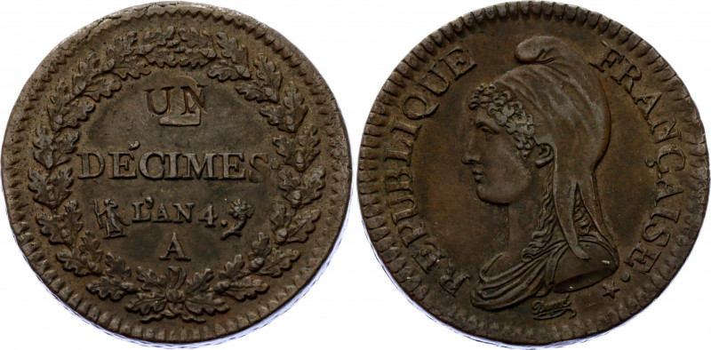 France 1 Decime on 2 Decimes 1795 - 1796 L'an 4
KM# 637, F# 127, Gad# 186; N# 2...