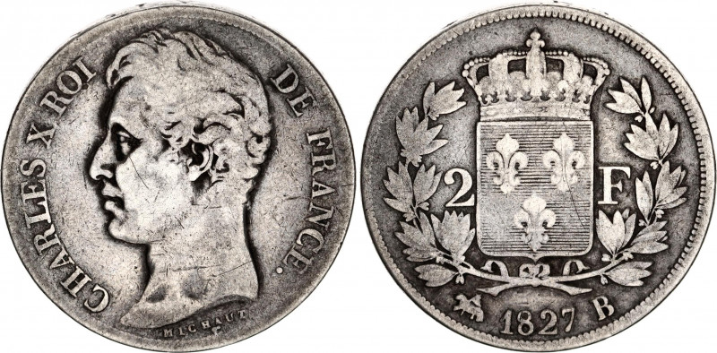 France 2 Francs 1827 B
KM# 725.2; F# 258; N# 18613; Silver; Charles X; Mint: Ro...