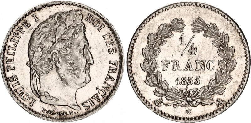 France 1/4 Franc 1833 A
KM# 740.1; F# 166; N# 8206; Silver; Louis Philippe I; M...