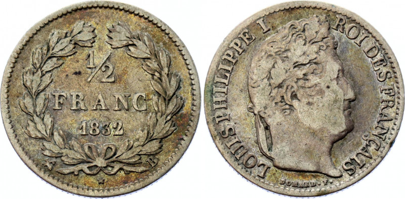 France 1/2 Franc 1832 B
KM# 741.2; F# 182, Gad# 408, N# 6932; Silver; Louis Phi...