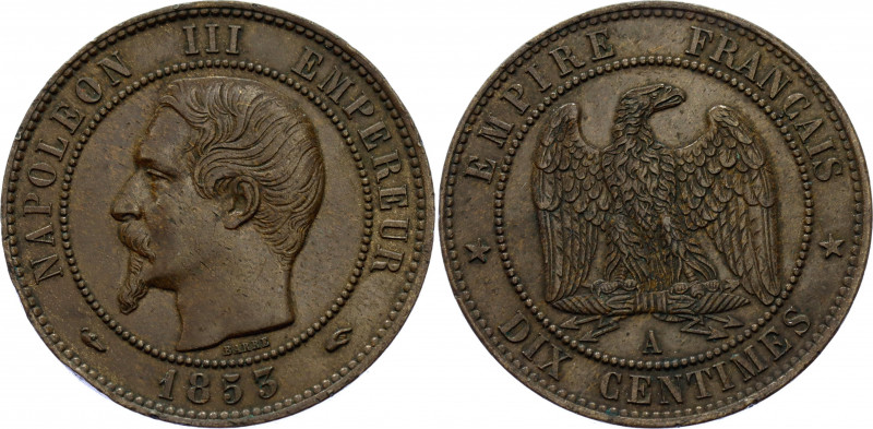 France 10 Centimes 1853 A
KM# 771.1, F# 133, Gad# 248, N# 320; Bronze; Napoleon...