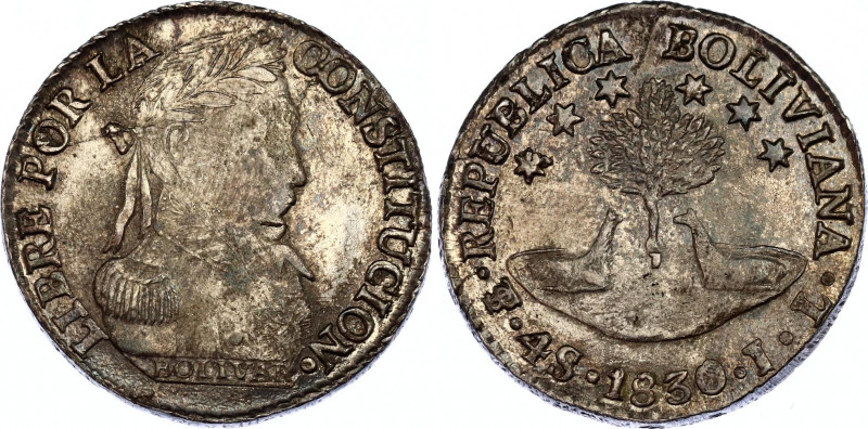 Bolivia 4 Soles 1830 PTS JL Overdate
KM# 96a.1; Mint mark in monogram; Silver; ...