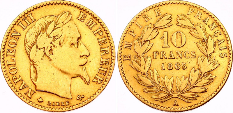 France 10 Francs 1865 A
KM# 800.1; F# 507; N# 6929; Gold (.900) 3.23 g.; Napole...