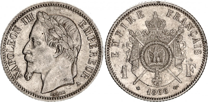 France 1 Franc 1866 A
KM# 806.1; F# 215; N# 1172; Silver; Napoleon III; Mint: P...