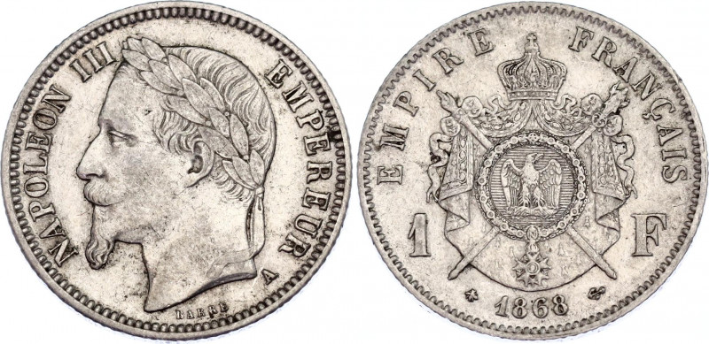 France 1 Franc 1868 A
KM# 806.1; F# 215; N# 1172; Silver; Napoleon III; Mint: P...