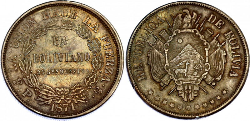 Bolivia 1 Boliviano 1871 FP
KM# 155.3; N# 23868; Silver; XF+, nice toning.