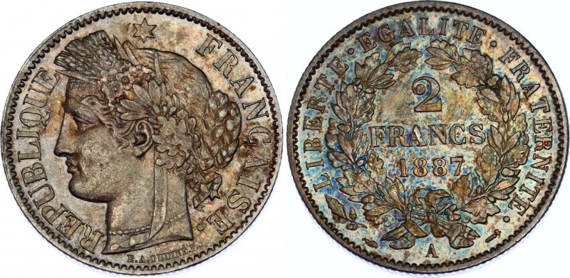 France 2 Francs 1887 A
KM# 817, N# 1178; Silver; XF/AUNC with amazing toning.