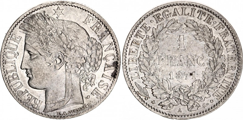 France 1 Franc 1871 A
KM# 822.1; F# 216; N# 1173; Silver; 3rd Republic; Mint: P...