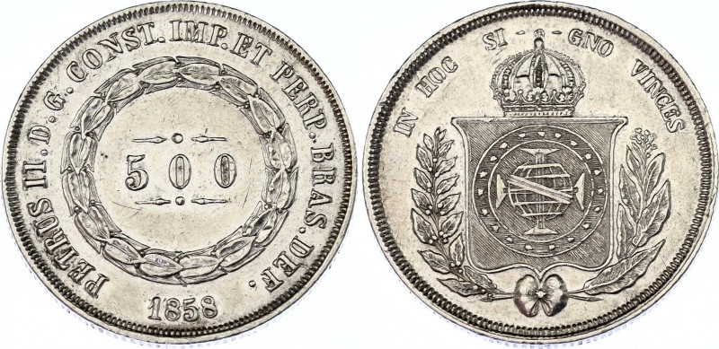 Brazil 500 Reis 1858 
KM# 464, N# 3673; Silver; Pedro II; XF.