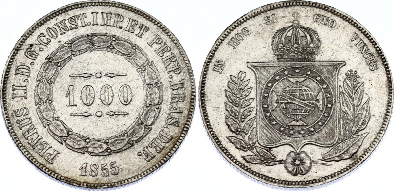 Brazil 1000 Reis 1855 
KM# 465, N# 3671; Silver; Pedro II; XF.