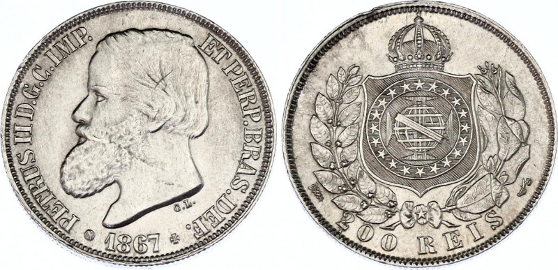 Brazil 200 Reis 1867 
KM# 471, N# 3678; Silver; Pedro II; UNC-.