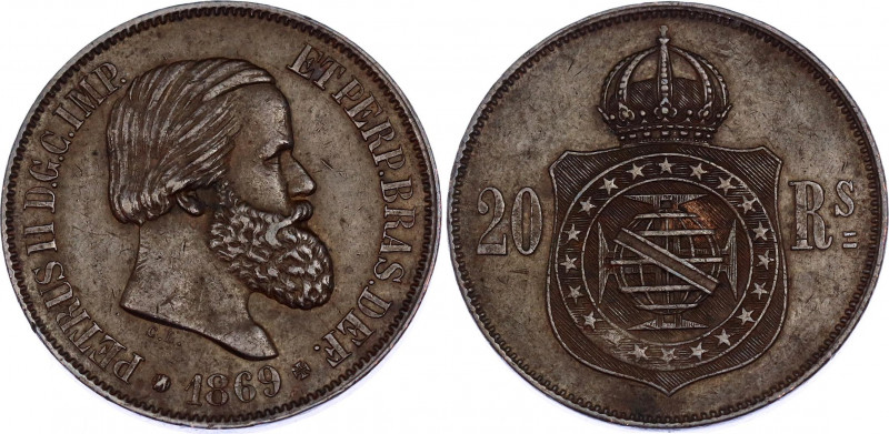 Brazil 20 Reis 1869
KM# 474; N# 3875; Bronze; Pedro II; Mint: Brussels; XF.