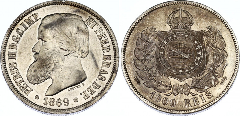 Brazil 1000 Reis 1869 
KM# 476, N# 33147; Silver; Pedro II; XF.