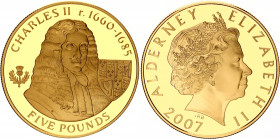 Alderney 5 Pounds 2007
KM# 169, N# 101374; Silver., Gold Plated., Proof; Charles II; UNC, Encapsulated With certificate.