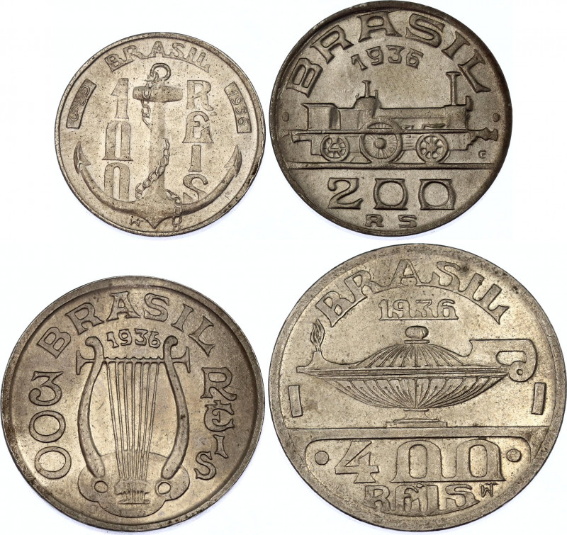 Brazil 100 - 200 - 300 - 400 Reis 1936 
KM# 536 - 539; Various Motives; UNC.