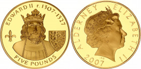 Alderney 5 Pounds 2007
Silver., Gold Plated., Proof; Edward II; UNC, Encapsulated With certificate.