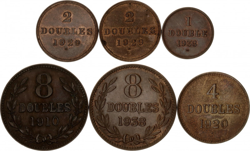 Guernsey Lot of 6 Coins 1910 - 1938
KM# 7-11-12-13-14; Bronze; XF-AUNC.