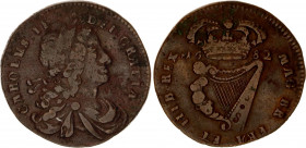 Ireland 1/2 Penny 1682
KM# 91, Sp# 6575, N# 26728; Copper; Charles II (1645-1685); VF-XF.
