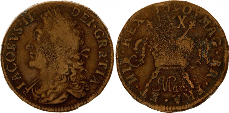 Ireland 30 Pence 1690 March
KM# 95; Sp# 6579; N# 55268; Brass; James II (1685-1...