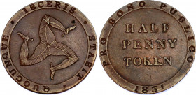 Isle of Man 1/2 Penny 1831 
KM# Tn21; William Callister; Bank Token Coinage; XF+.