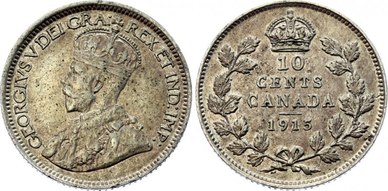 Canada 10 Cents 1915 Key Date
KM# 23; N# 390; Silver; George V; XF/AUNC.