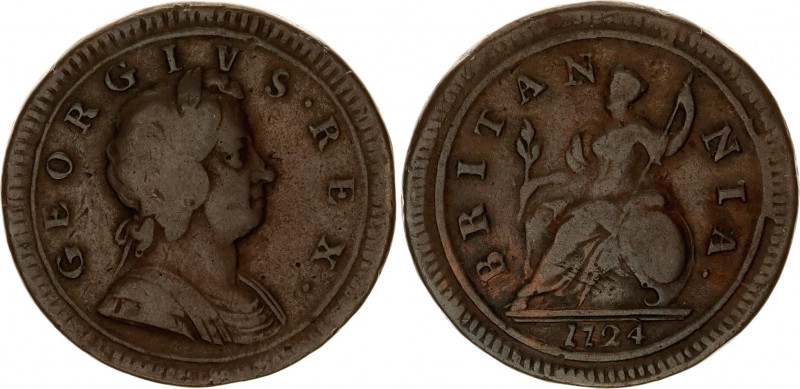 Great Britain 1/2 Penny 1724
KM# 557, Sp# 3660; N# 23648; Copper; George I (171...