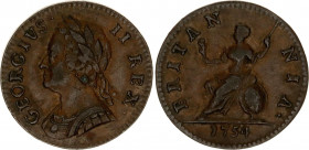 Great Britain 1 Farthing 1754
KM# 581.2; Sp# 3722; N# 13119; Bronze; George II; Mint: London; VF.