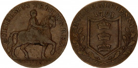 Great Britain Yorkshire 1/2 Penny Token 1791
DH# 20; N# 52845; Copper; Hull / J. Garton; VF+.